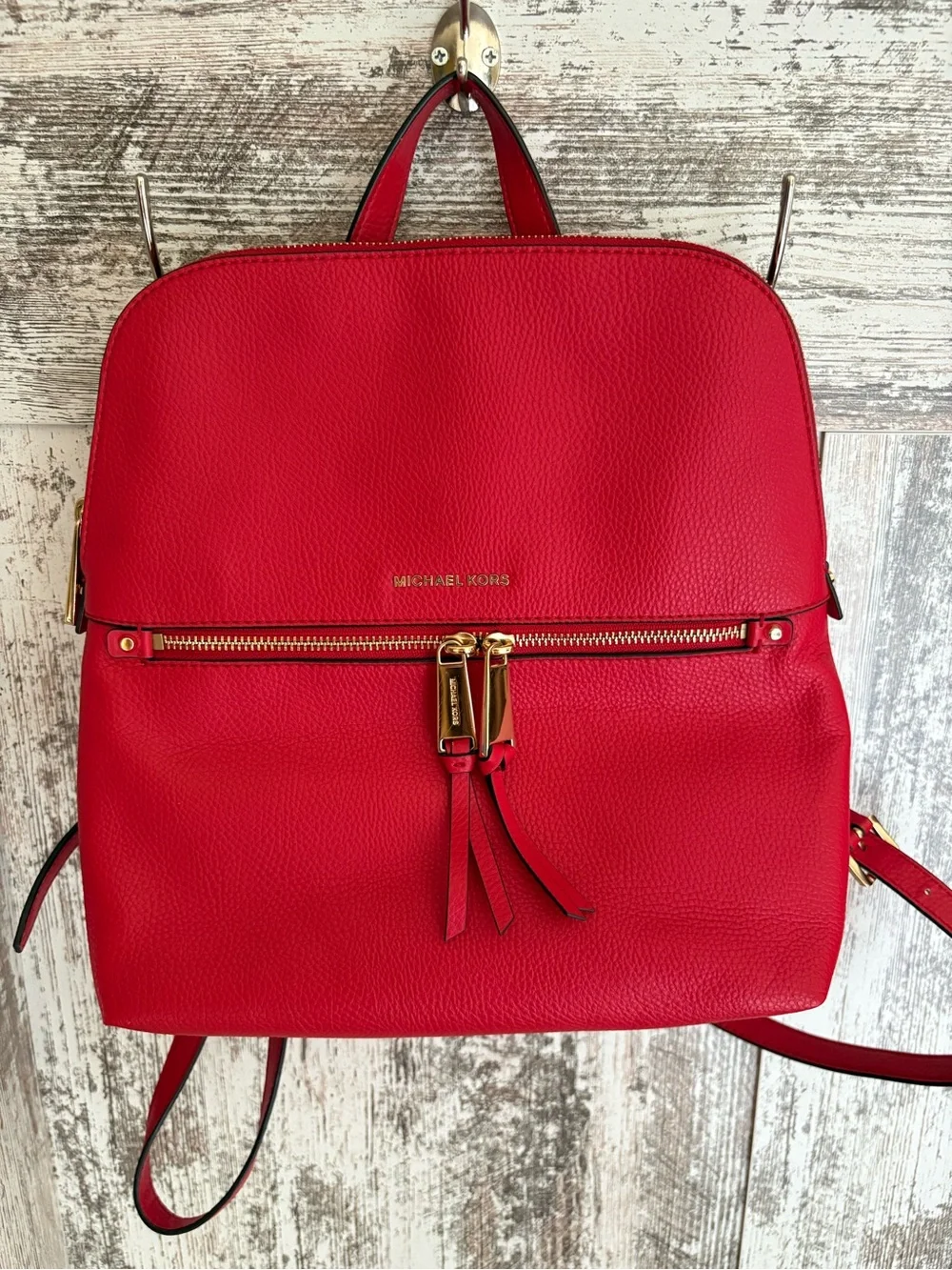 Michael Kors Bright Red Pebbled Leather Backpack with Gold Hardware